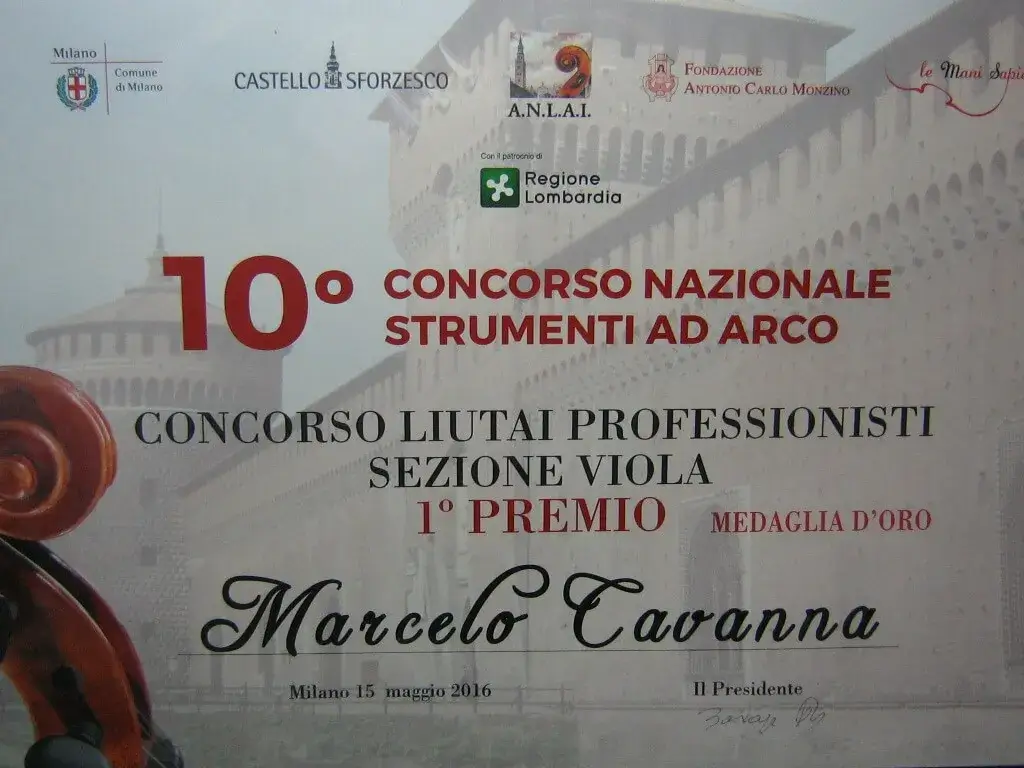 Medaglia d'Oro, primo premio sezione viola, 10° Concorso Nazionale Strumenti ad Arco ANLAI, Milano 2016